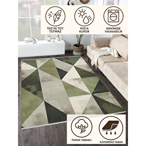 Yeşil Ve Siyah Geometrik Üçgen Halı – Modern Parçalı Tasarım – Makinede Yıkanabilir, Tüy Tutmaz, Pamuk Dokuma Tabanlı