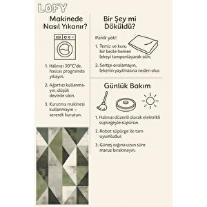 Yeşil Ve Siyah Geometrik Üçgen Halı – Modern Parçalı Tasarım – Makinede Yıkanabilir, Tüy Tutmaz, Pamuk Dokuma Tabanlı