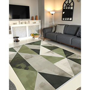 Yeşil Ve Siyah Geometrik Üçgen Halı – Modern Parçalı Tasarım – Makinede Yıkanabilir, Tüy Tutmaz, Pamuk Dokuma Tabanlı