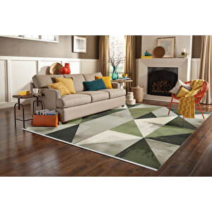 Yeşil Ve Siyah Geometrik Üçgen Halı – Modern Parçalı Tasarım – Makinede Yıkanabilir, Tüy Tutmaz, Pamuk Dokuma Tabanlı