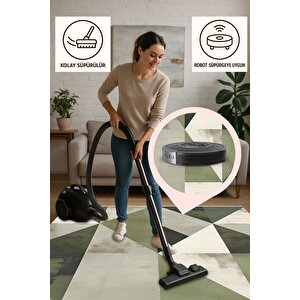 Yeşil Ve Siyah Geometrik Üçgen Halı – Modern Parçalı Tasarım – Makinede Yıkanabilir, Tüy Tutmaz, Pamuk Dokuma Tabanlı