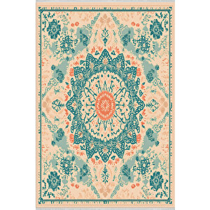 Turkuaz Mandala Desenli Halı – Etnik Ve Enerjik Tonlar – Makinede Yıkanabilir, Tüy Tutmaz, Pamuk Dokuma Tabanlı 80x80 cm