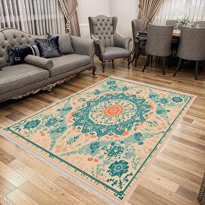 Turkuaz Mandala Desenli Halı – Etnik Ve Enerjik Tonlar – Makinede Yıkanabilir, Tüy Tutmaz, Pamuk Dokuma Tabanlı 200x350 cm