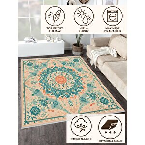 Turkuaz Mandala Desenli Halı – Etnik Ve Enerjik Tonlar – Makinede Yıkanabilir, Tüy Tutmaz, Pamuk Dokuma Tabanlı 200x350 cm