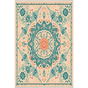 Turkuaz Mandala Desenli Halı – Etnik Ve Enerjik Tonlar – Makinede Yıkanabilir, Tüy Tutmaz, Pamuk Dokuma Tabanlı 200x350 cm