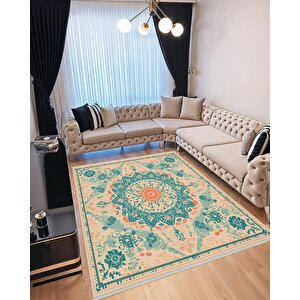Turkuaz Mandala Desenli Halı – Etnik Ve Enerjik Tonlar – Makinede Yıkanabilir, Tüy Tutmaz, Pamuk Dokuma Tabanlı