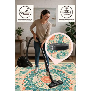 Turkuaz Mandala Desenli Halı – Etnik Ve Enerjik Tonlar – Makinede Yıkanabilir, Tüy Tutmaz, Pamuk Dokuma Tabanlı