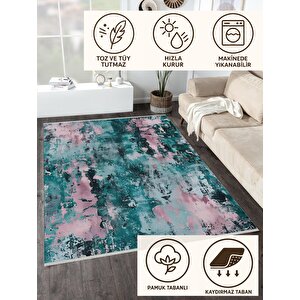 Soyut Eskitme Desenli Halı – Zümrüt Yeşili Ve Pudra Pembe Renklerde – Makinede Yıkanabilir, Pamuk Dokuma Taban, Kolay Temizlenir 160x350 cm