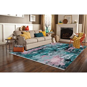 Soyut Eskitme Desenli Halı – Zümrüt Yeşili Ve Pudra Pembe Renklerde – Makinede Yıkanabilir, Pamuk Dokuma Taban, Kolay Temizlenir 160x350 cm