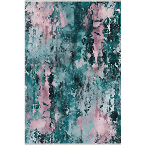 Soyut Eskitme Desenli Halı – Zümrüt Yeşili Ve Pudra Pembe Renklerde – Makinede Yıkanabilir, Pamuk Dokuma Taban, Kolay Temizlenir 160x350 cm