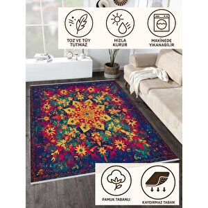 Canlı Mandala Desenli Halı – Sarı, Kırmızı Ve Yeşil – Renkli Ve Modern Yıkanabilir Tasarım