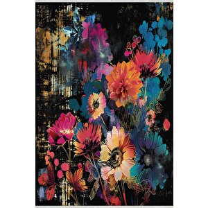 Siyah Zemin Üzerine Canlı Çiçekler – Sanatsal Ve Renkli Tasarım – Makinede Yıkanabilir, Pamuk Dokuma Tabanlı, Tüy Tutmaz 150x240 cm