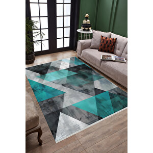 Turkuaz Ve Gri Geometrik Üçgen Halı – Modern Işıltılı Tasarım – Makinede Yıkanabilir, Tüy Tutmaz, Pamuk Dokuma Tabanlı 100x100 cm