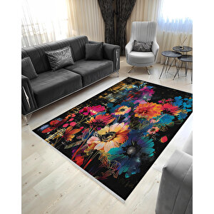 Siyah Zemin Üzerine Canlı Çiçekler – Sanatsal Ve Renkli Tasarım – Makinede Yıkanabilir, Pamuk Dokuma Tabanlı, Tüy Tutmaz 150x150 cm