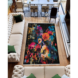 Siyah Zemin Üzerine Canlı Çiçekler – Sanatsal Ve Renkli Tasarım – Makinede Yıkanabilir, Pamuk Dokuma Tabanlı, Tüy Tutmaz 150x150 cm