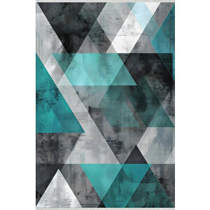 Turkuaz Ve Gri Geometrik Üçgen Halı – Modern Işıltılı Tasarım – Makinede Yıkanabilir, Tüy Tutmaz, Pamuk Dokuma Tabanlı 150x300 cm