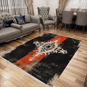 Siyah Kırmızı Damask Desenli Halı – Çarpıcı Ve Asi Tasarım – Makinede Yıkanabilir, Tüy Tutmaz, Pamuk Dokuma Tabanlı 200x350 cm