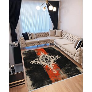 Siyah Kırmızı Damask Desenli Halı – Çarpıcı Ve Asi Tasarım – Makinede Yıkanabilir, Tüy Tutmaz, Pamuk Dokuma Tabanlı 200x350 cm