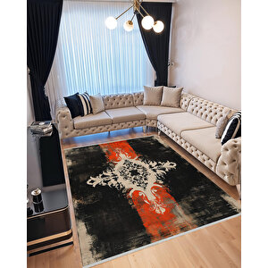 Siyah Kırmızı Damask Desenli Halı – Çarpıcı Ve Asi Tasarım – Makinede Yıkanabilir, Tüy Tutmaz, Pamuk Dokuma Tabanlı 80x80 cm