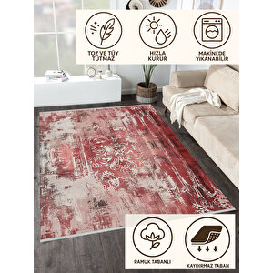 Kırmızı Ve Krem Damask Halı – Eskitilmiş Desen – Makinede Yıkanabilir, Pamuk Tabanlı, Evcil Hayvan Dostu