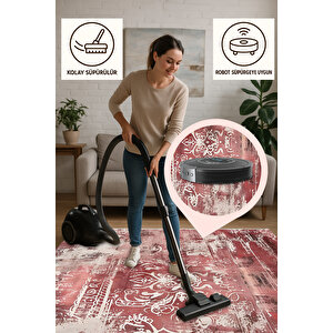 Kırmızı Ve Krem Damask Halı – Eskitilmiş Desen – Makinede Yıkanabilir, Pamuk Tabanlı, Evcil Hayvan Dostu