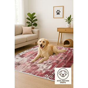 Kırmızı Ve Krem Damask Halı – Eskitilmiş Desen – Makinede Yıkanabilir, Pamuk Tabanlı, Evcil Hayvan Dostu