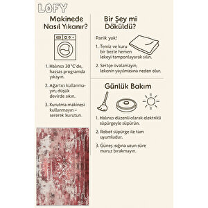 Kırmızı Ve Krem Damask Halı – Eskitilmiş Desen – Makinede Yıkanabilir, Pamuk Tabanlı, Evcil Hayvan Dostu