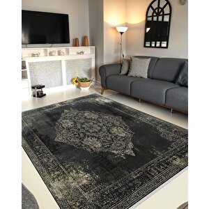 Siyah Üzerine Krem Eskitme Halı – Geleneksel Medallion Desenli, Pamuk Dokuma, Yıkanabilir Ve Evcil Hayvan Dostu 200x220 cm