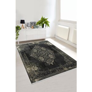 Siyah Üzerine Krem Eskitme Halı – Geleneksel Medallion Desenli, Pamuk Dokuma, Yıkanabilir Ve Evcil Hayvan Dostu 200x220 cm
