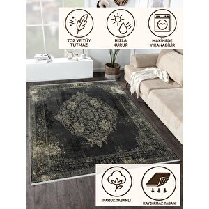 Siyah Üzerine Krem Eskitme Halı – Geleneksel Medallion Desenli, Pamuk Dokuma, Yıkanabilir Ve Evcil Hayvan Dostu 200x220 cm
