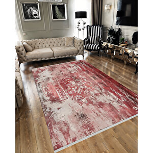 Kırmızı Ve Krem Damask Halı – Eskitilmiş Desen – Makinede Yıkanabilir, Pamuk Tabanlı, Evcil Hayvan Dostu 150x150 cm