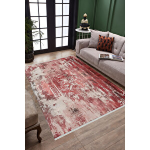 Kırmızı Ve Krem Damask Halı – Eskitilmiş Desen – Makinede Yıkanabilir, Pamuk Tabanlı, Evcil Hayvan Dostu 150x150 cm