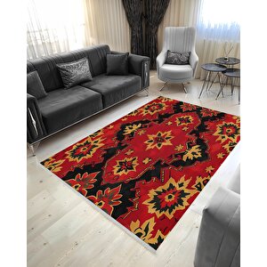 Etnik Motifli Kırmızı Siyah Halı – Geleneksel Desen, Modern Halı Tasarımı – Yıkanabilir, Kaymaz Tabanlı