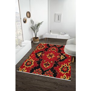 Etnik Motifli Kırmızı Siyah Halı – Geleneksel Desen, Modern Halı Tasarımı – Yıkanabilir, Kaymaz Tabanlı
