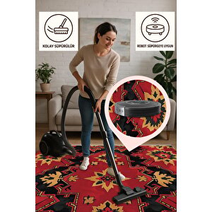 Etnik Motifli Kırmızı Siyah Halı – Geleneksel Desen, Modern Halı Tasarımı – Yıkanabilir, Kaymaz Tabanlı