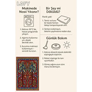 Kırmızı Zemin Üzerine Ağaç Ve Çiçek Motifli Halı – Geleneksel Ve Renkli Desenler – Makinede Yıkanabilir, Tüy Tutmaz, Pamuk Dokuma Tabanlı