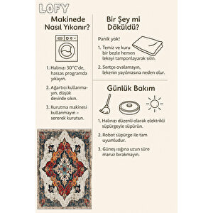 Eskitme Oriental Halı – Kırmızı, Turuncu Ve Lacivert Tonlarında – Makinede Yıkanabilir, Tüy Tutmaz, Pamuk Dokuma Tabanlı