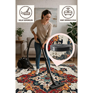 Eskitme Oriental Halı – Kırmızı, Turuncu Ve Lacivert Tonlarında – Makinede Yıkanabilir, Tüy Tutmaz, Pamuk Dokuma Tabanlı