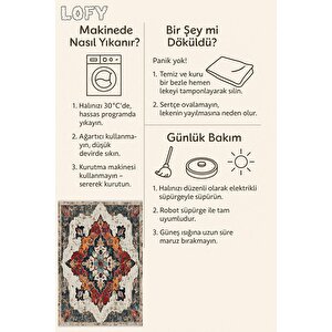 Eskitme Oriental Halı – Kırmızı, Turuncu Ve Lacivert Tonlarında – Makinede Yıkanabilir, Tüy Tutmaz, Pamuk Dokuma Tabanlı