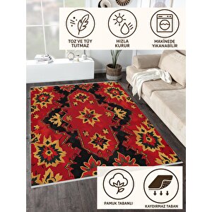 Etnik Motifli Kırmızı Siyah Halı – Geleneksel Desen, Modern Halı Tasarımı – Yıkanabilir, Kaymaz Tabanlı