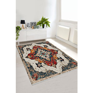 Eskitme Oriental Halı – Kırmızı, Turuncu Ve Lacivert Tonlarında – Makinede Yıkanabilir, Tüy Tutmaz, Pamuk Dokuma Tabanlı 160x350 cm