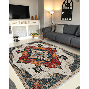 Eskitme Oriental Halı – Kırmızı, Turuncu Ve Lacivert Tonlarında – Makinede Yıkanabilir, Tüy Tutmaz, Pamuk Dokuma Tabanlı 160x350 cm