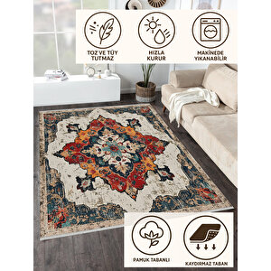 Eskitme Oriental Halı – Kırmızı, Turuncu Ve Lacivert Tonlarında – Makinede Yıkanabilir, Tüy Tutmaz, Pamuk Dokuma Tabanlı 160x350 cm