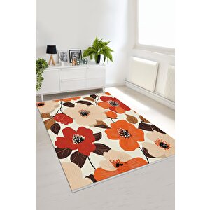 Krem Zeminli Kırmızı Ve Turuncu Çiçekli Halı – Yıkanabilir, Tüy Tutmaz, Pamuk Tabanlı, Evcil Hayvan Dostu 160x180 cm
