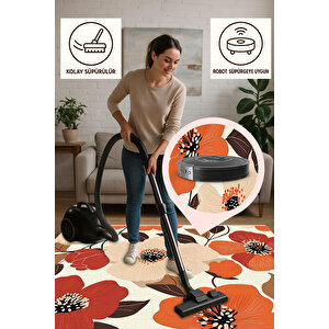 Krem Zeminli Kırmızı Ve Turuncu Çiçekli Halı – Yıkanabilir, Tüy Tutmaz, Pamuk Tabanlı, Evcil Hayvan Dostu 160x180 cm