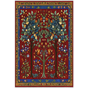 Kırmızı Zemin Üzerine Ağaç Ve Çiçek Motifli Halı – Geleneksel Ve Renkli Desenler – Makinede Yıkanabilir, Tüy Tutmaz, Pamuk Dokuma Tabanlı 80x150 cm