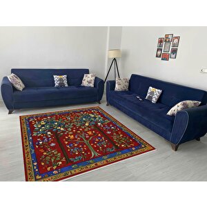 Kırmızı Zemin Üzerine Ağaç Ve Çiçek Motifli Halı – Geleneksel Ve Renkli Desenler – Makinede Yıkanabilir, Tüy Tutmaz, Pamuk Dokuma Tabanlı 200x220 cm
