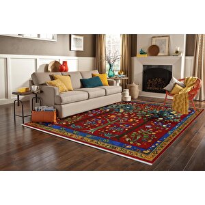 Kırmızı Zemin Üzerine Ağaç Ve Çiçek Motifli Halı – Geleneksel Ve Renkli Desenler – Makinede Yıkanabilir, Tüy Tutmaz, Pamuk Dokuma Tabanlı 200x220 cm