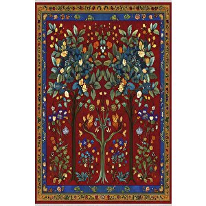 Kırmızı Zemin Üzerine Ağaç Ve Çiçek Motifli Halı – Geleneksel Ve Renkli Desenler – Makinede Yıkanabilir, Tüy Tutmaz, Pamuk Dokuma Tabanlı 200x220 cm