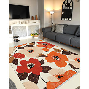 Krem Zeminli Kırmızı Ve Turuncu Çiçekli Halı – Yıkanabilir, Tüy Tutmaz, Pamuk Tabanlı, Evcil Hayvan Dostu 160x230 cm